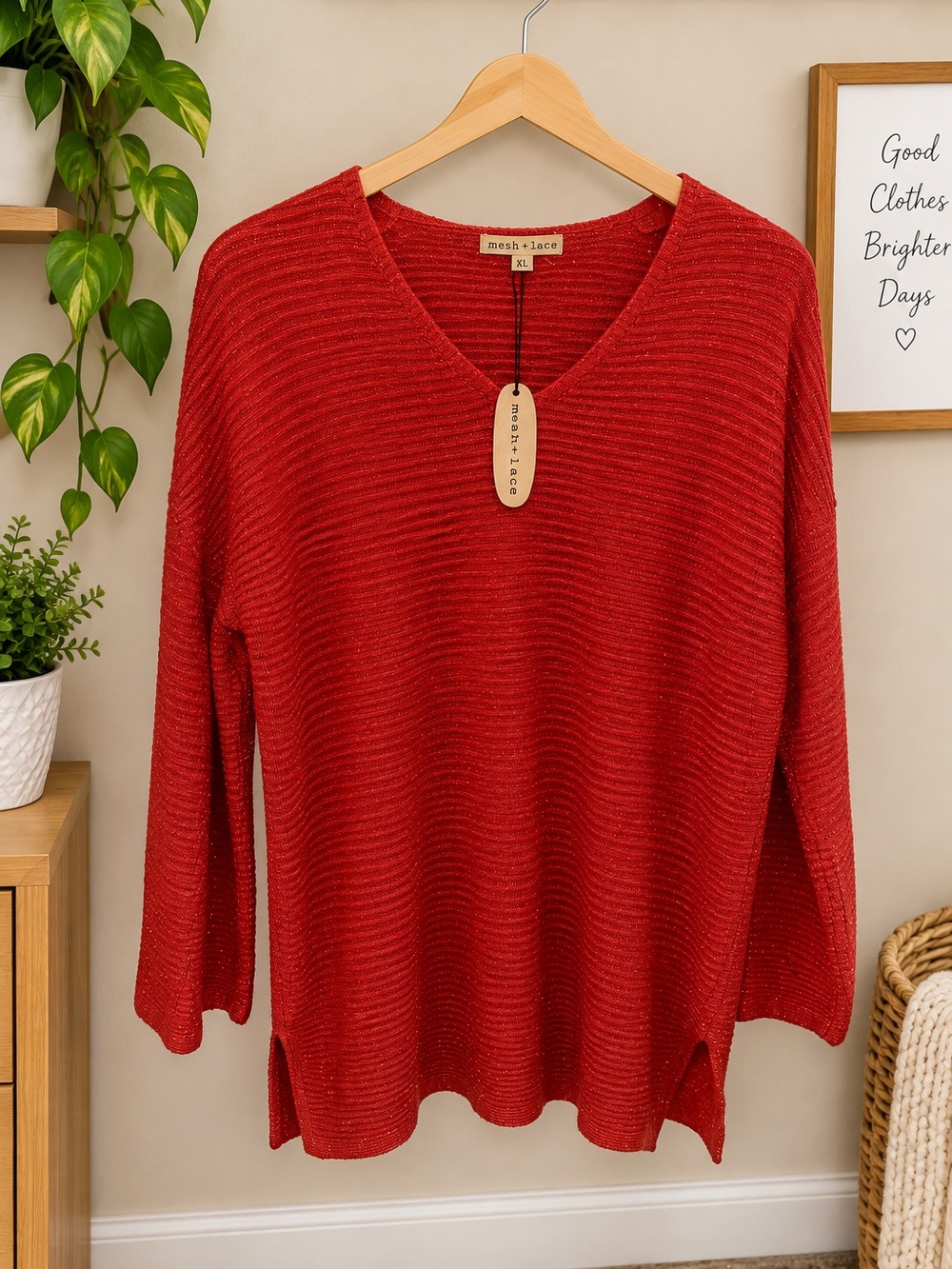 Mesh + Lace Women’s XL Rust Orange Shimmer Ribbed Knit V-Neck Sweater NWT